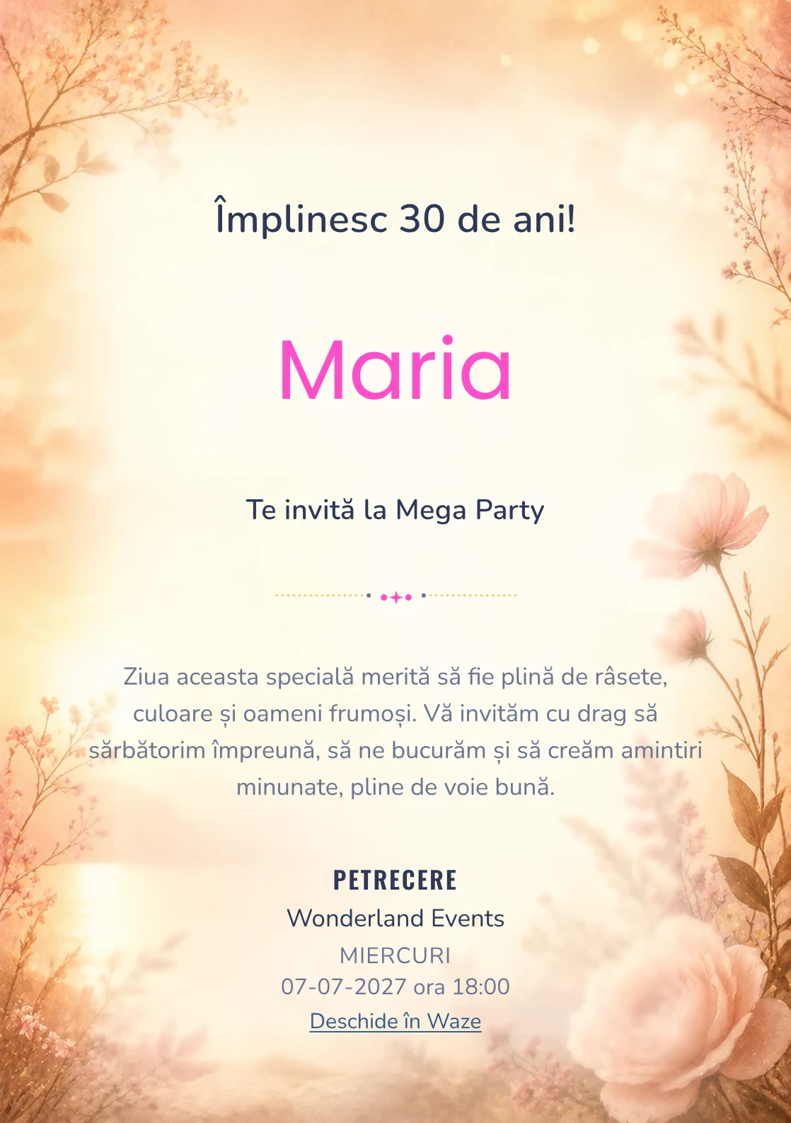 Golden Hour – invitație aniversară pentru adulți, cu lumină golden hour, flori rare și nuanțe piersică.
