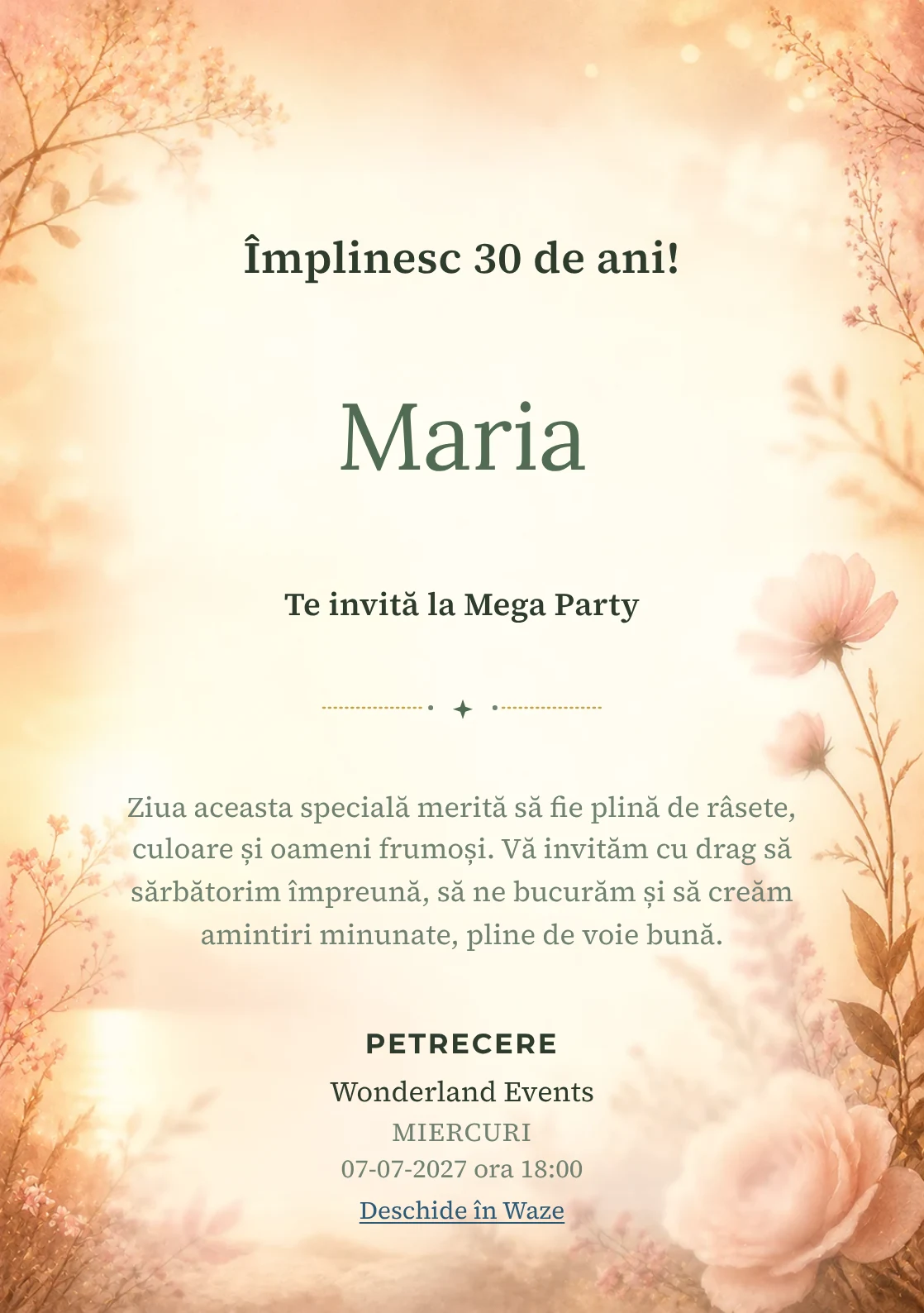 Golden Hour – invitație aniversară pentru adulți, cu lumină golden hour, flori rare și nuanțe piersică.