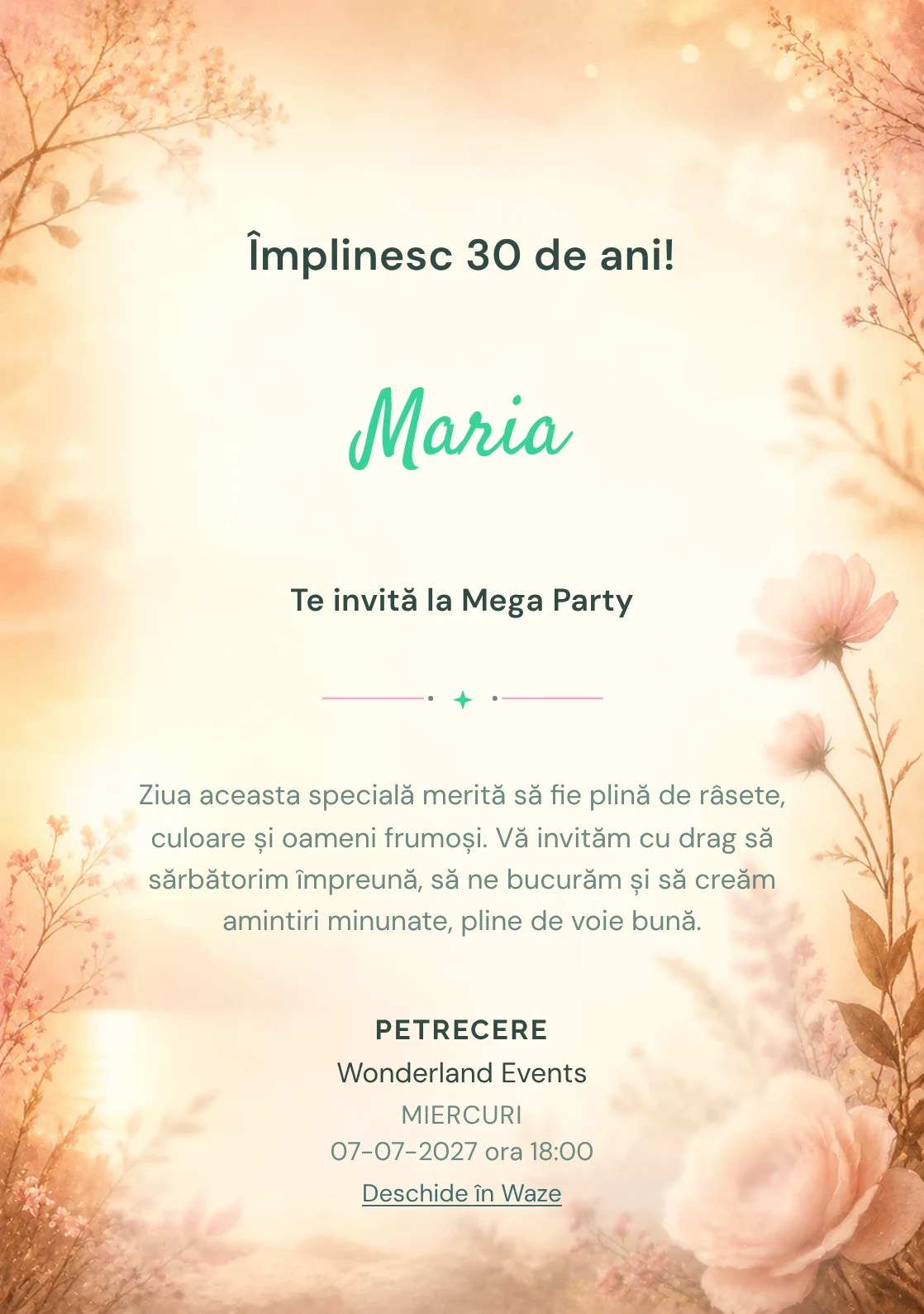 Golden Hour – invitație aniversară pentru adulți, cu lumină golden hour, flori rare și nuanțe piersică.