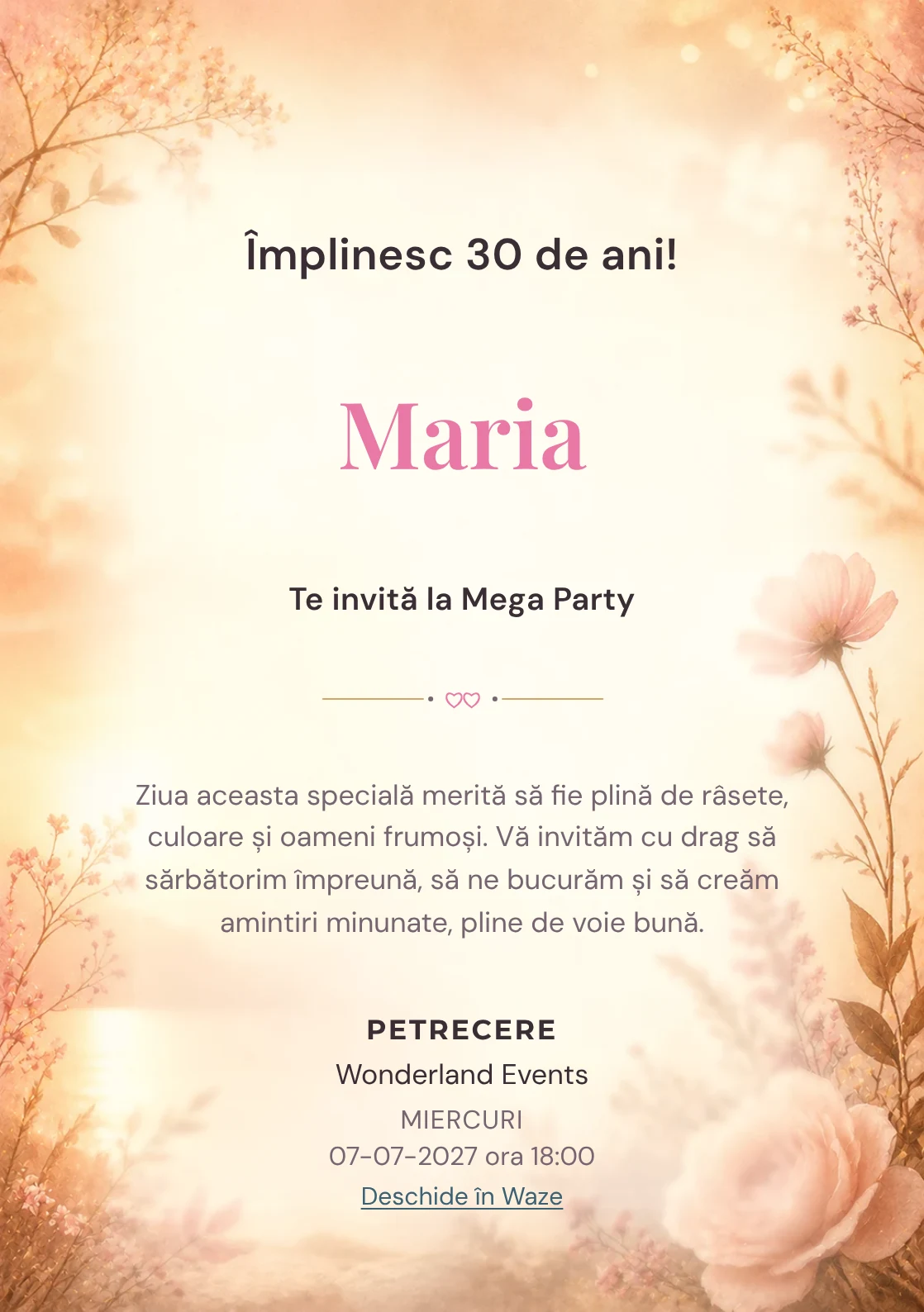 Golden Hour – invitație aniversară pentru adulți, cu lumină golden hour, flori rare și nuanțe piersică.