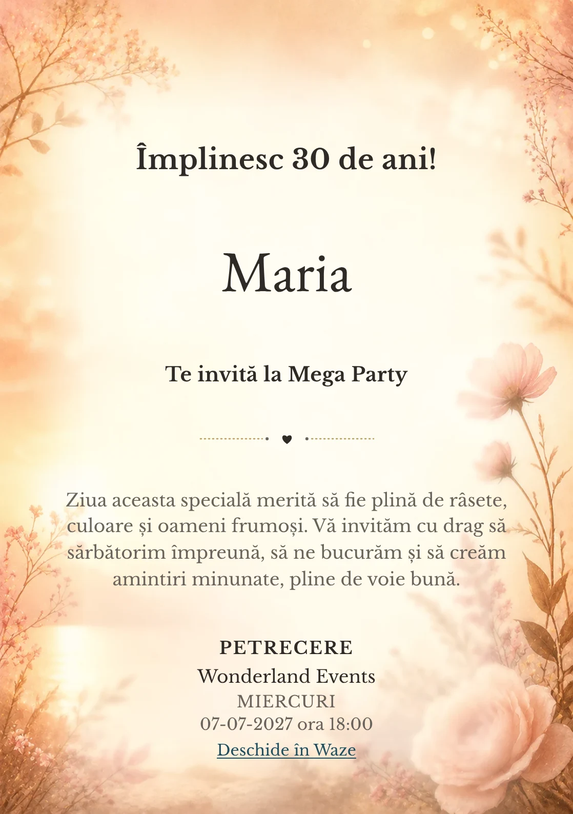 Golden Hour – invitație aniversară pentru adulți, cu lumină golden hour, flori rare și nuanțe piersică.