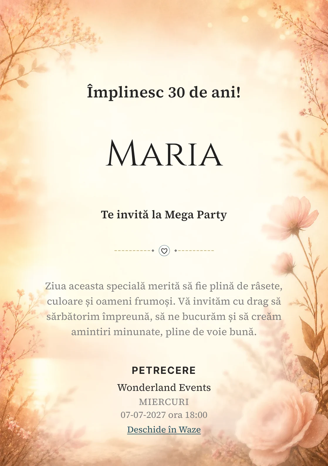 Golden Hour – invitație aniversară pentru adulți, cu lumină golden hour, flori rare și nuanțe piersică.