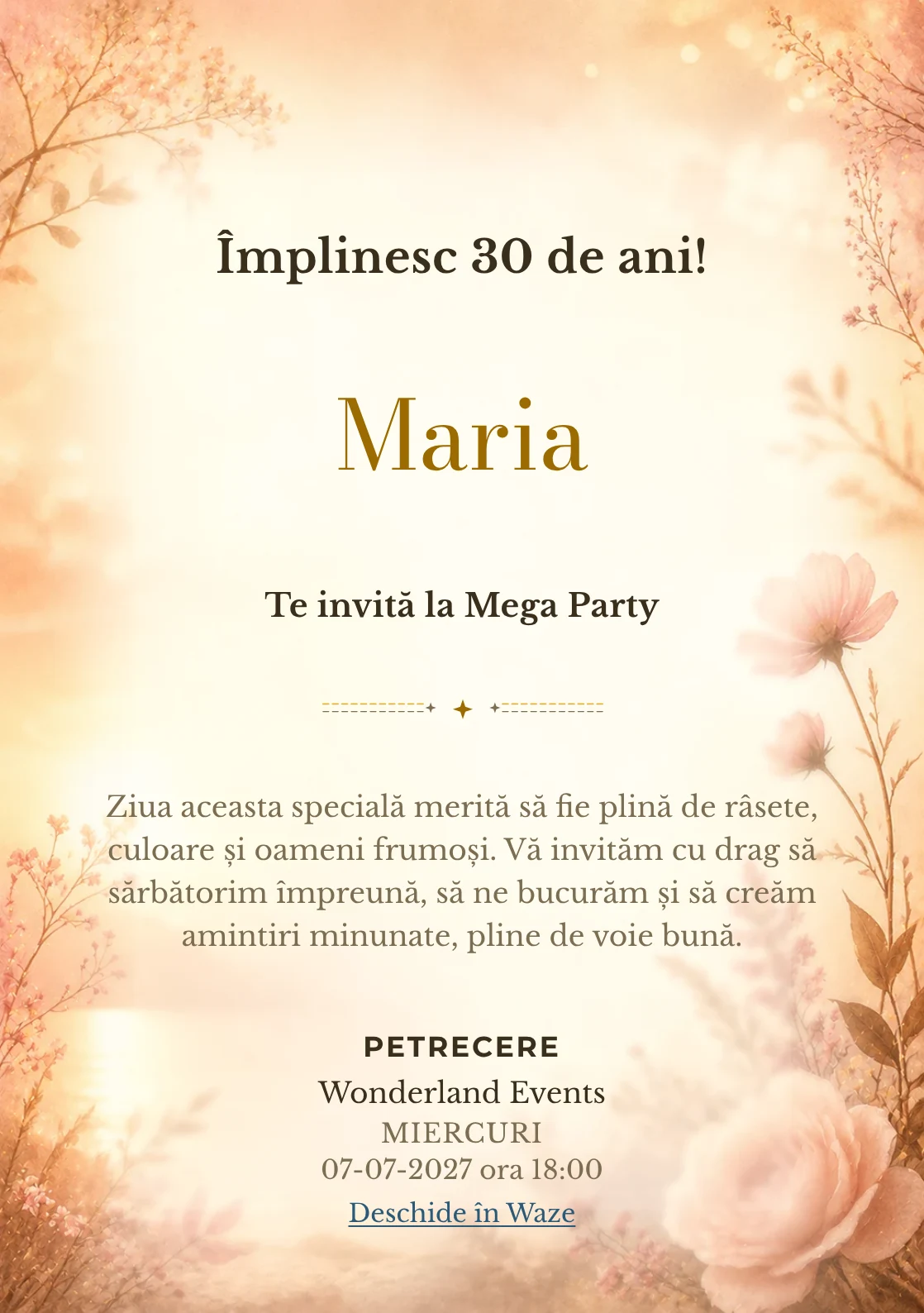 Golden Hour – invitație aniversară pentru adulți, cu lumină golden hour, flori rare și nuanțe piersică.