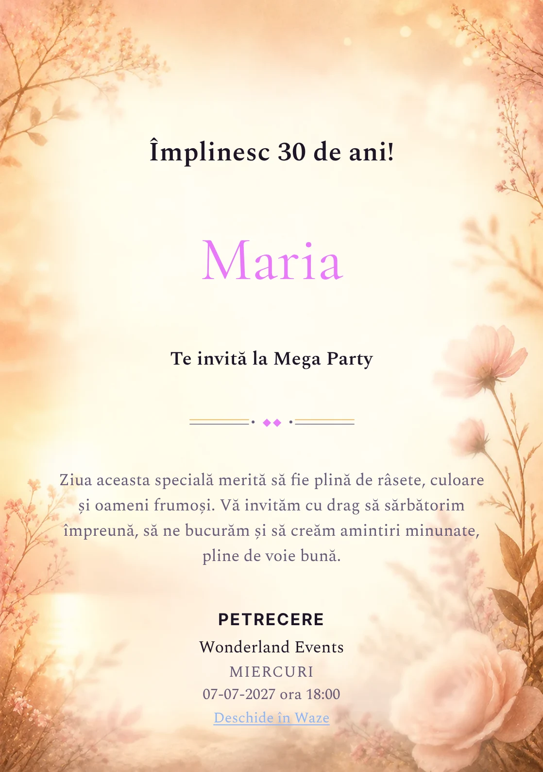 Golden Hour – invitație aniversară pentru adulți, cu lumină golden hour, flori rare și nuanțe piersică.