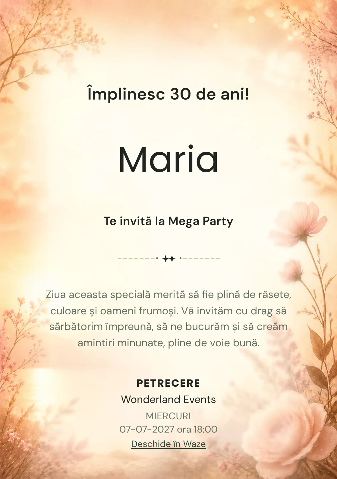 Golden Hour – invitație aniversară pentru adulți, cu lumină golden hour, flori rare și nuanțe piersică.