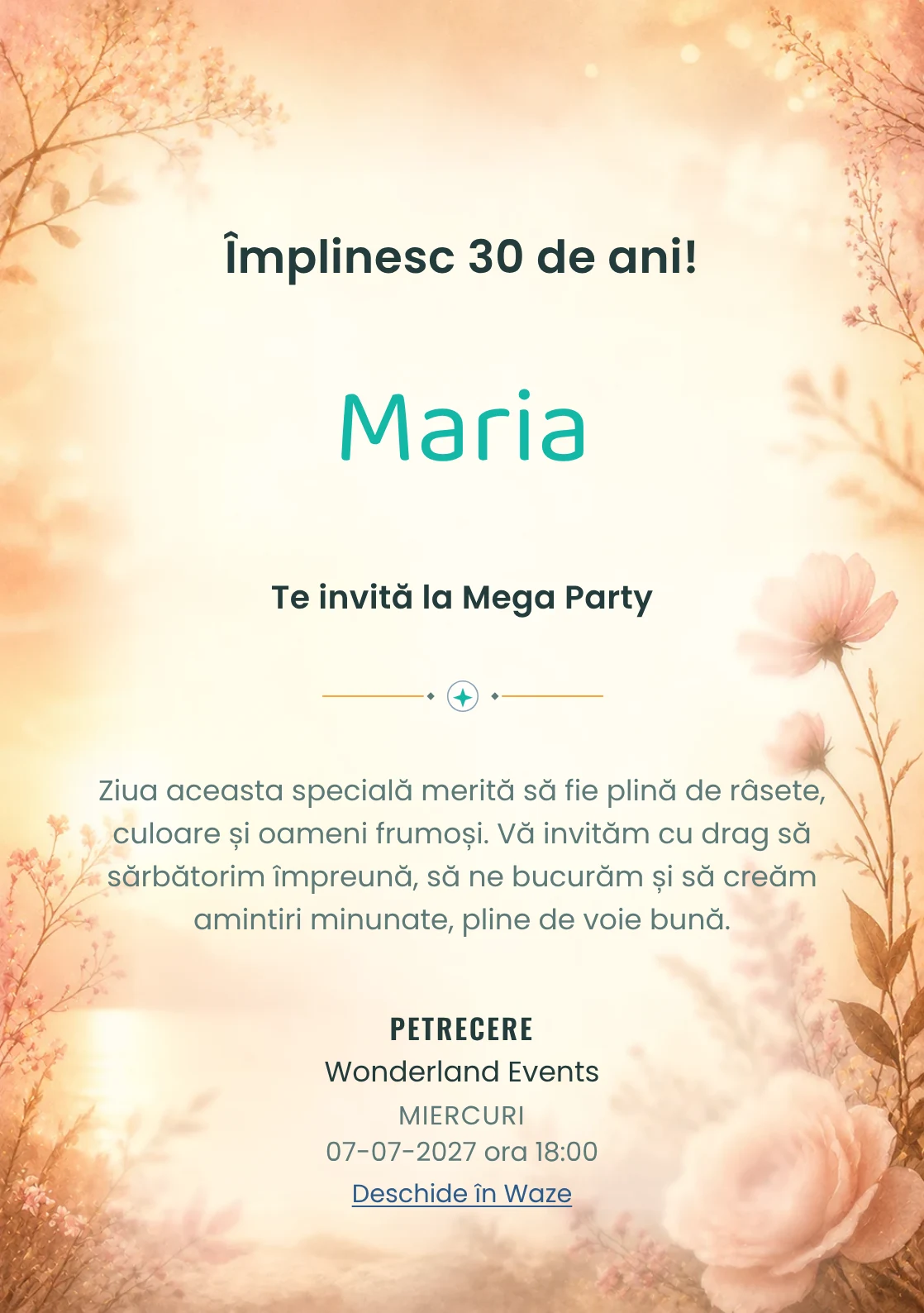 Golden Hour – invitație aniversară pentru adulți, cu lumină golden hour, flori rare și nuanțe piersică.