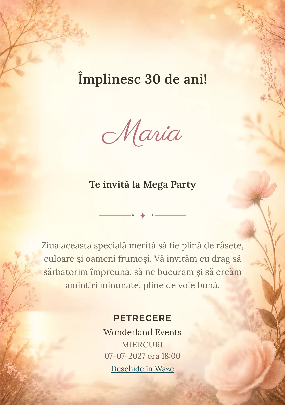 Golden Hour – invitație aniversară pentru adulți, cu lumină golden hour, flori rare și nuanțe piersică.