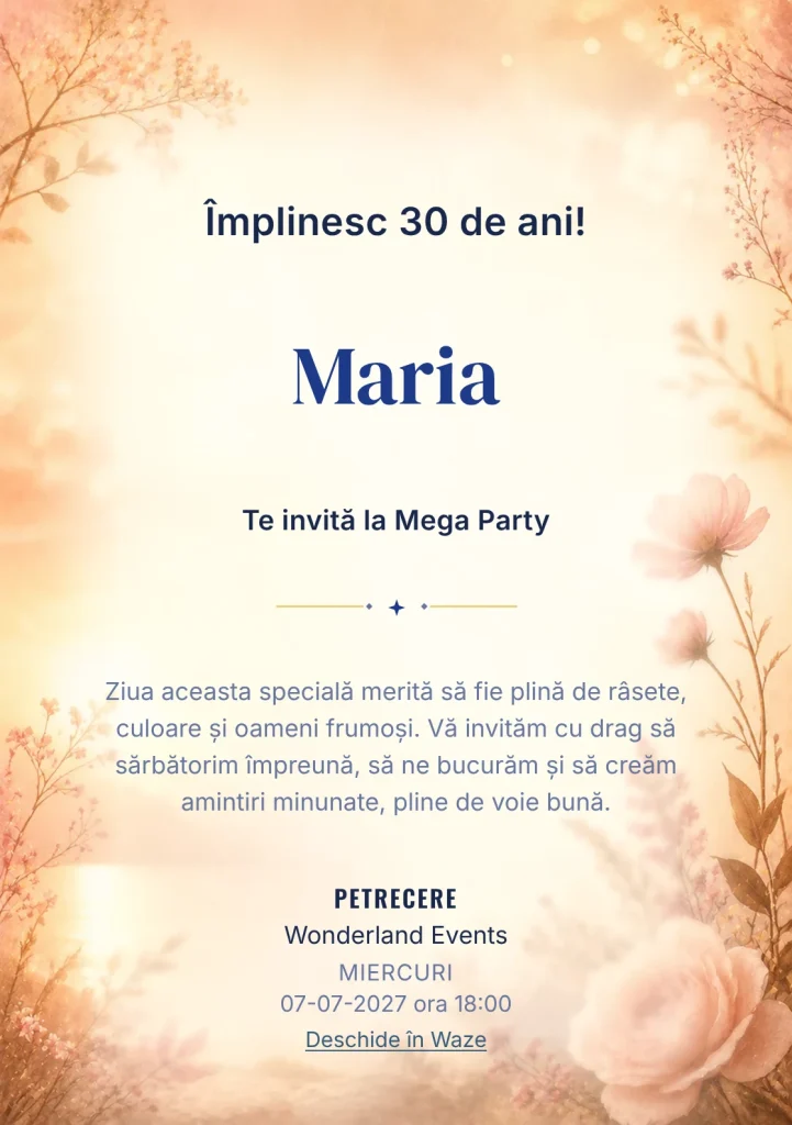 Golden Hour – invitație aniversară pentru adulți, cu lumină golden hour, flori rare și nuanțe piersică.