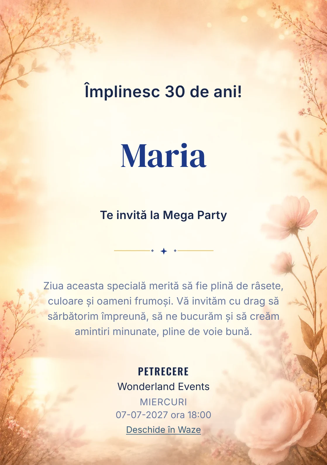 Golden Hour – invitație aniversară pentru adulți, cu lumină golden hour, flori rare și nuanțe piersică.