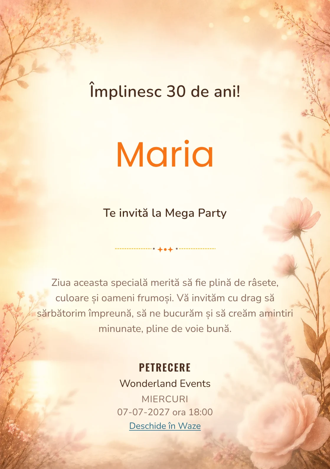 Golden Hour – invitație aniversară pentru adulți, cu lumină golden hour, flori rare și nuanțe piersică.