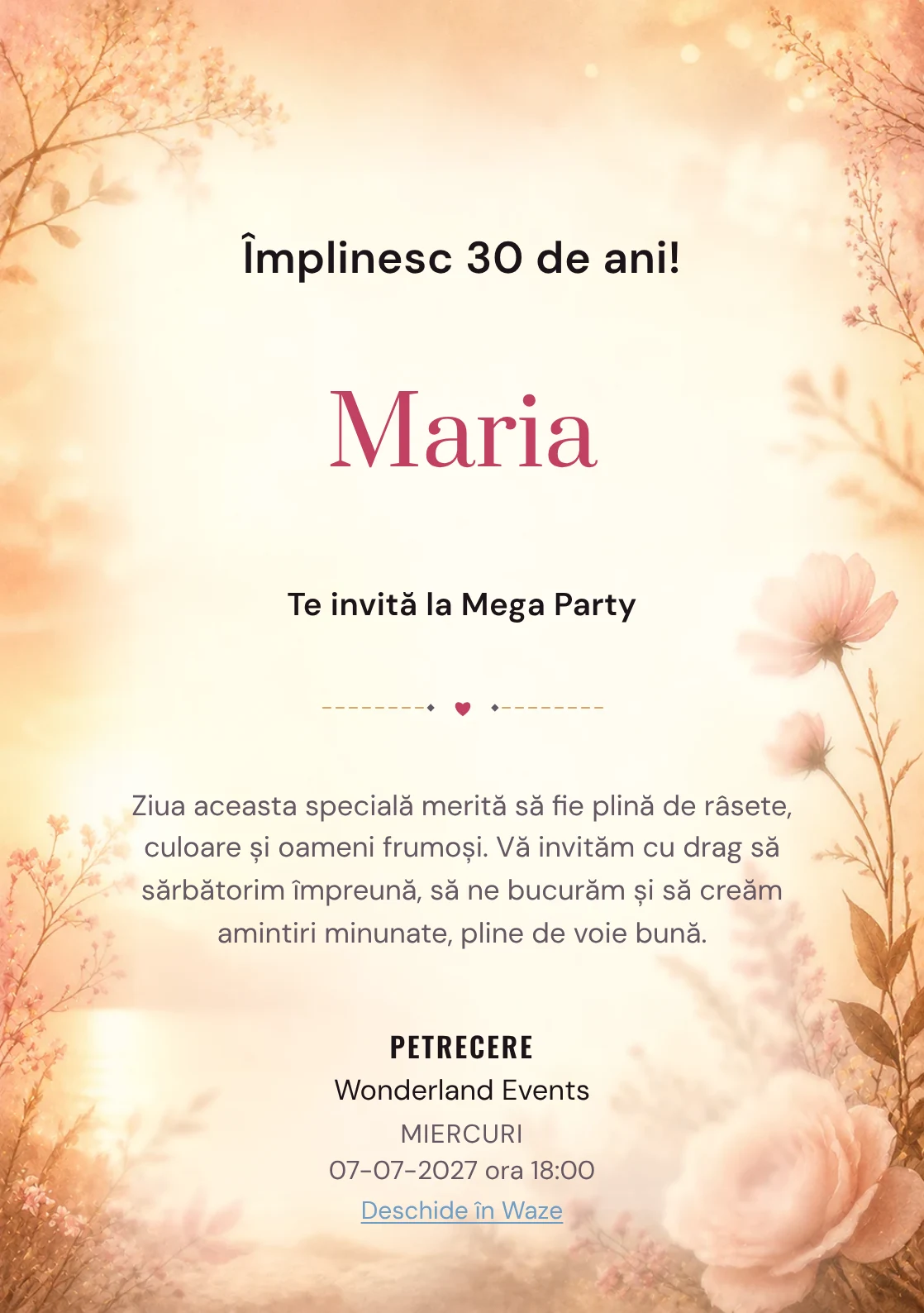 Golden Hour – invitație aniversară pentru adulți, cu lumină golden hour, flori rare și nuanțe piersică.