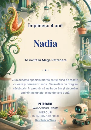 Invitație la ziua de naștere Grădina Experimentelor pentru copii, cu o plantă fantastică și un mic robot de udare.