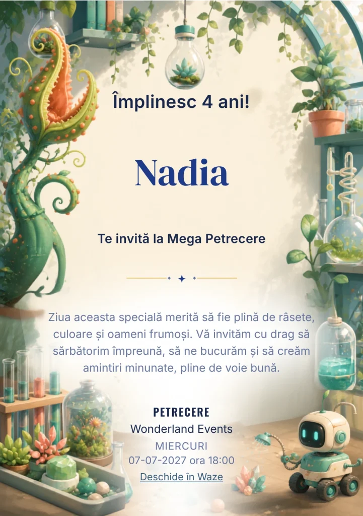 Invitație la ziua de naștere Grădina Experimentelor pentru copii, cu o plantă fantastică și un mic robot de udare.