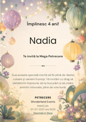 Invitație la zi de naștere Grădina Luminilor Colorate pentru copii, cu felinare organice și plante moi.