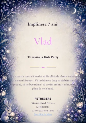 Grădina Lunii, invitație de zi de naștere pentru copii, cu un iepure fantastic cu urechi în formă de frunze.