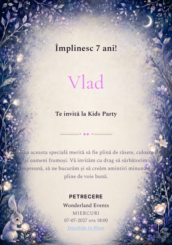 Grădina Lunii, invitație de zi de naștere pentru copii, cu un iepure fantastic cu urechi în formă de frunze.