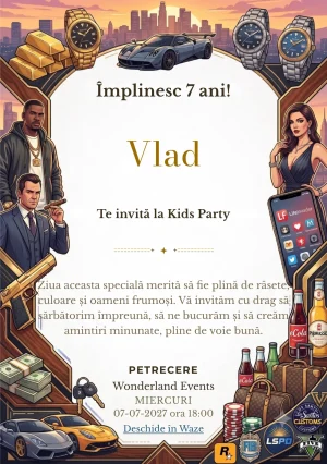 Invitație la zi de naștere Grand Theft Auto – Orașul Mașinilor pentru copii, cu mașini, oraș nocturn, personaje urbane și elemente inspirate din jocuri de acțiune.