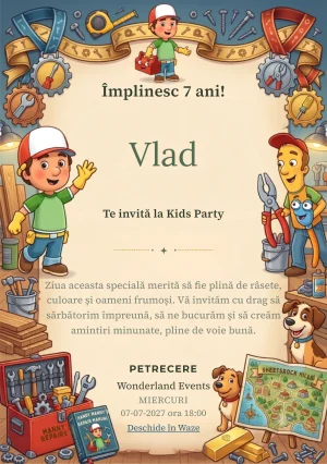 Invitație la ziua de naștere Handy Manny – Micul Meșter pentru copii, cu un copil meșter, unelte, atelier și obiecte de construcție.