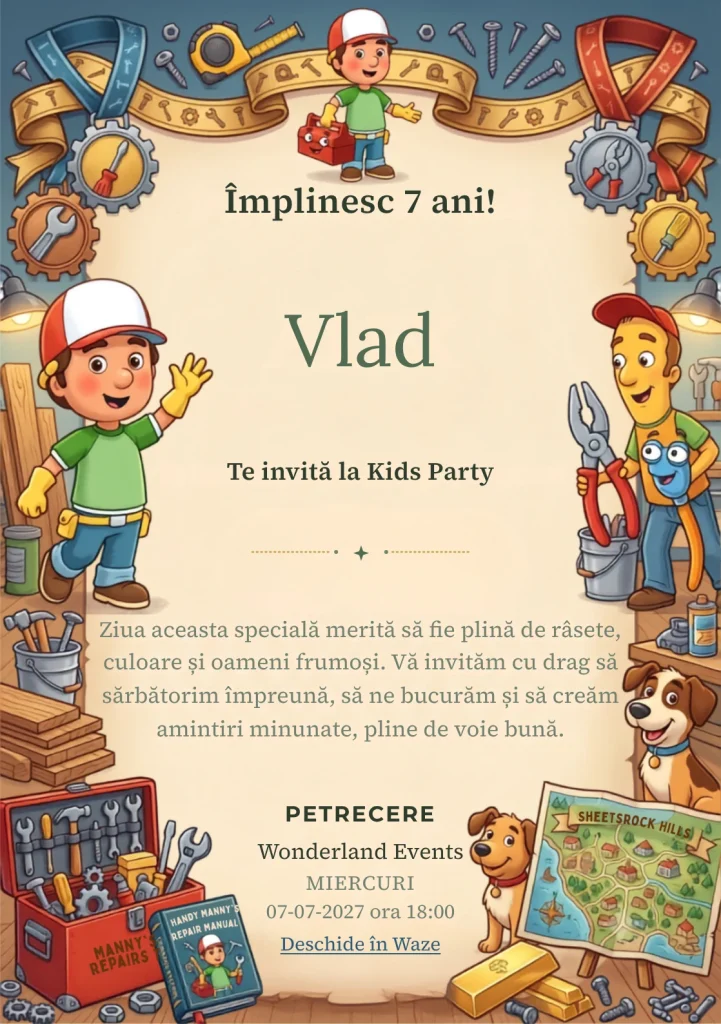 Invitație la ziua de naștere Handy Manny – Micul Meșter pentru copii, cu un copil meșter, unelte, atelier și obiecte de construcție.