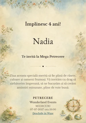 Harta Viselor, invitație de zi de naștere pentru copii, cu o busolă florală și mici simboluri fantastice inventate.