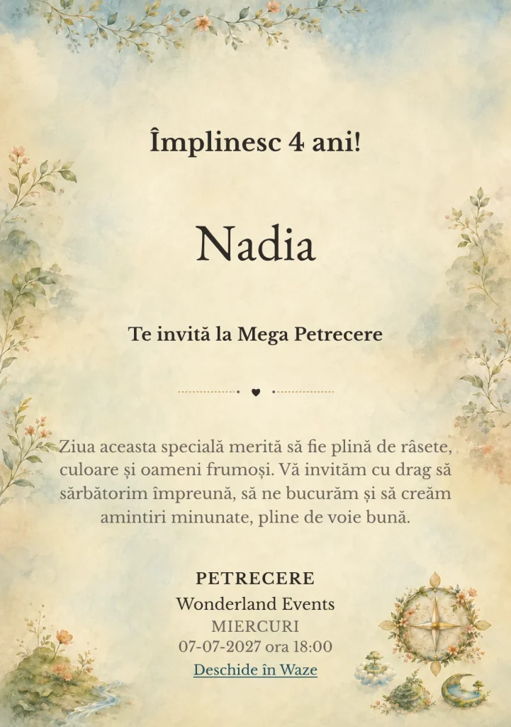 Harta Viselor, invitație de zi de naștere pentru copii, cu o busolă florală și mici simboluri fantastice inventate.