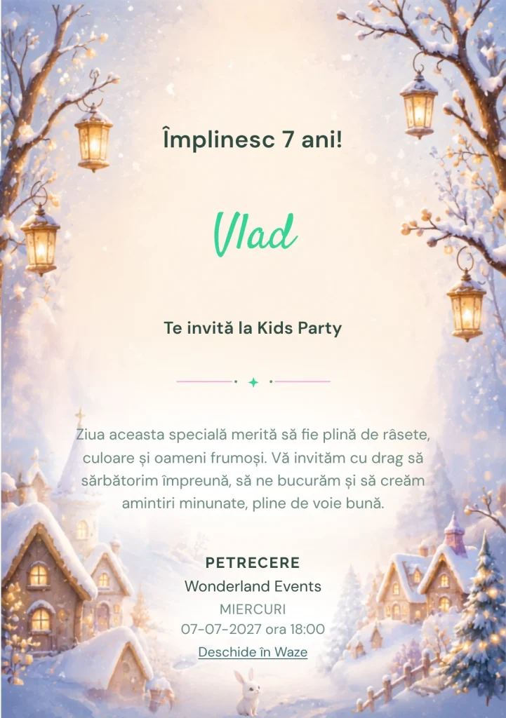 Invitație la zi de naștere Iarna cu Felinare pentru copii, cu un iepure alb stilizat și urme discrete.