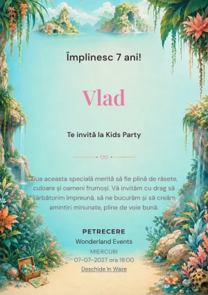 Invitație la zi de naștere Insula Comorilor Naturale pentru copii, cu o ladă cu minerale colorate și o hartă.