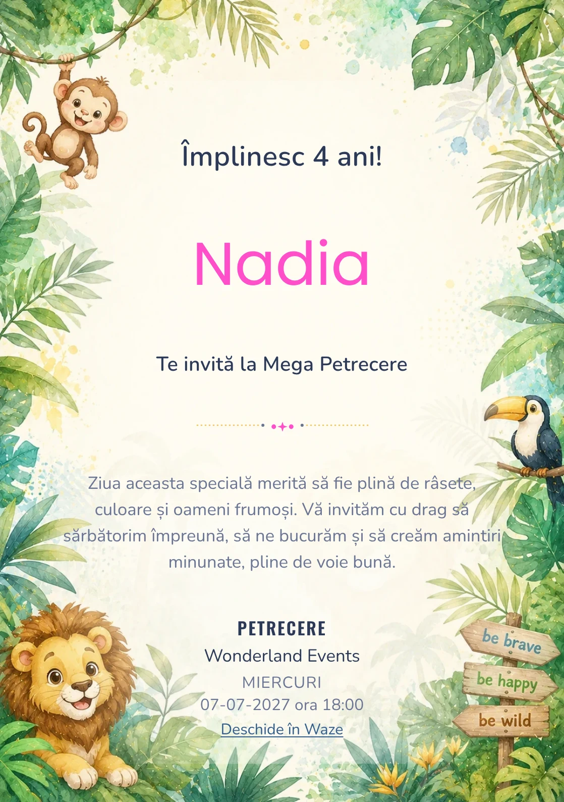 Invitație digitală Jungle Fun pentru ziua de naștere a copiilor, cu animale simpatice, frunze tropicale și tonuri jungle.