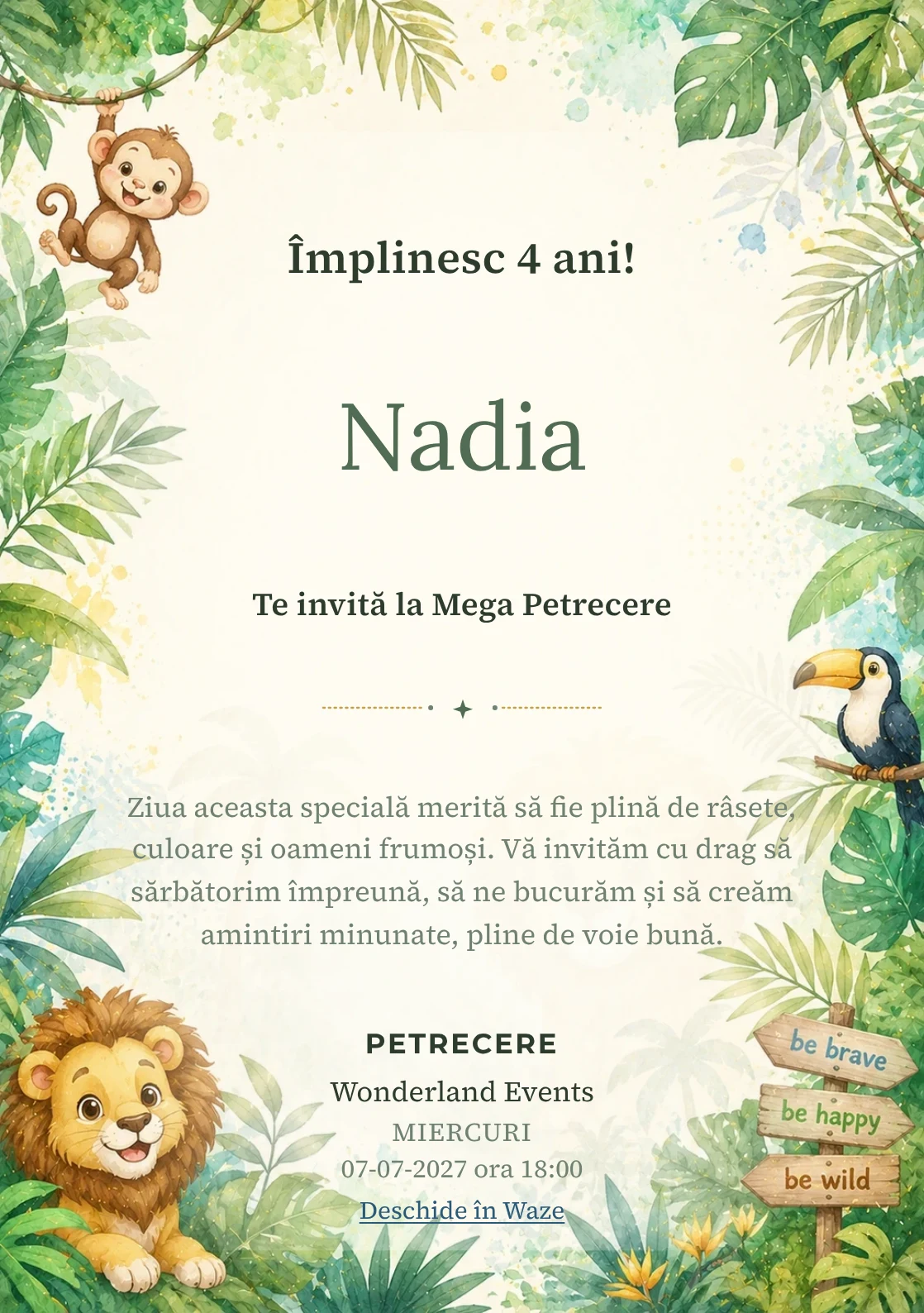 Invitație digitală Jungle Fun pentru ziua de naștere a copiilor, cu animale simpatice, frunze tropicale și tonuri jungle.