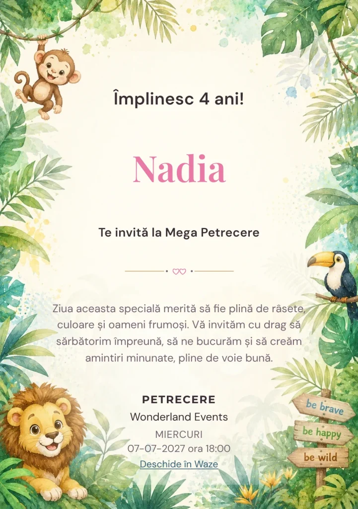 Invitație digitală Jungle Fun pentru ziua de naștere a copiilor, cu animale simpatice, frunze tropicale și tonuri jungle.