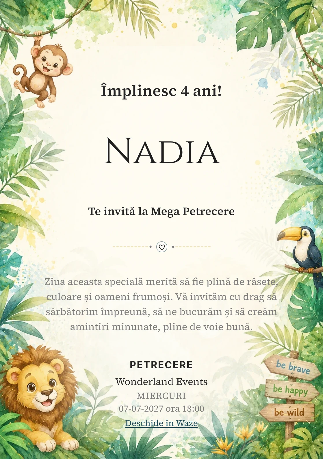 Invitație digitală Jungle Fun pentru ziua de naștere a copiilor, cu animale simpatice, frunze tropicale și tonuri jungle.