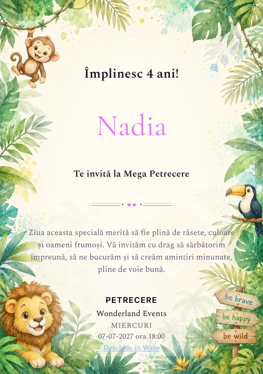 Invitație digitală Jungle Fun pentru ziua de naștere a copiilor, cu animale simpatice, frunze tropicale și tonuri jungle.