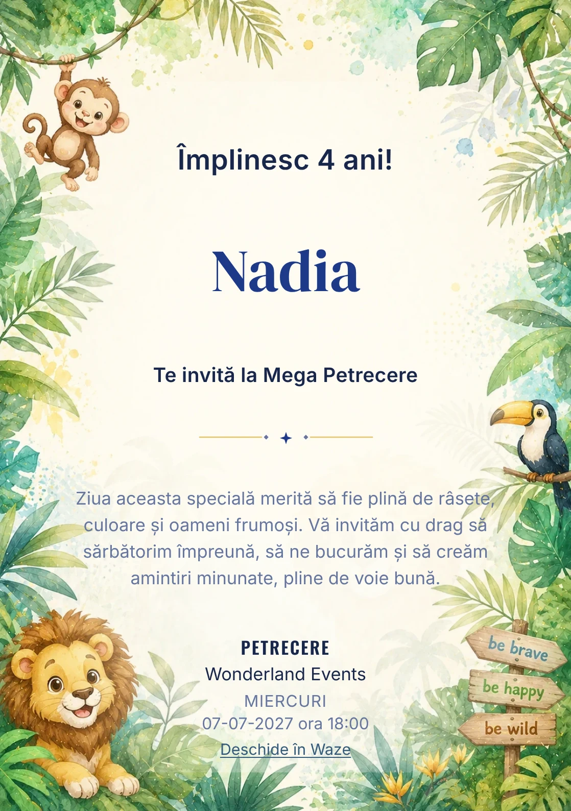Invitație digitală Jungle Fun pentru ziua de naștere a copiilor, cu animale simpatice, frunze tropicale și tonuri jungle.