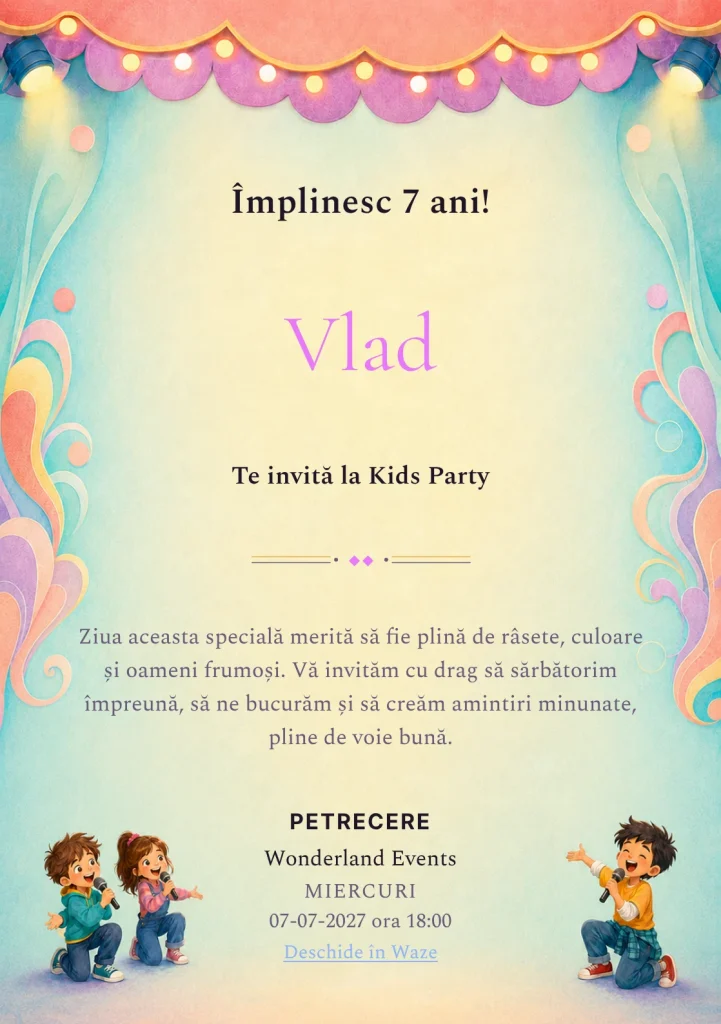 Invitație la zi de naștere Karaoke cu Prietenii pentru copii, cu trei copii cu microfoane fără marcă.
