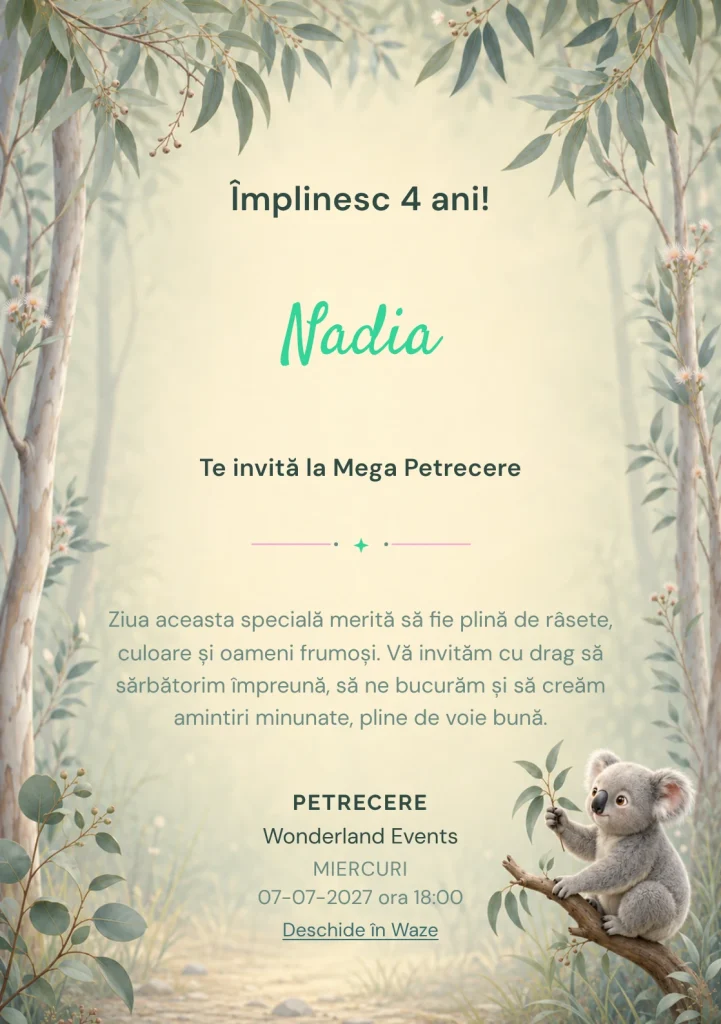 Invitație la ziua de naștere Koala în Eucalipt pentru copii, cu un koala prietenos așezat lateral pe o creangă.