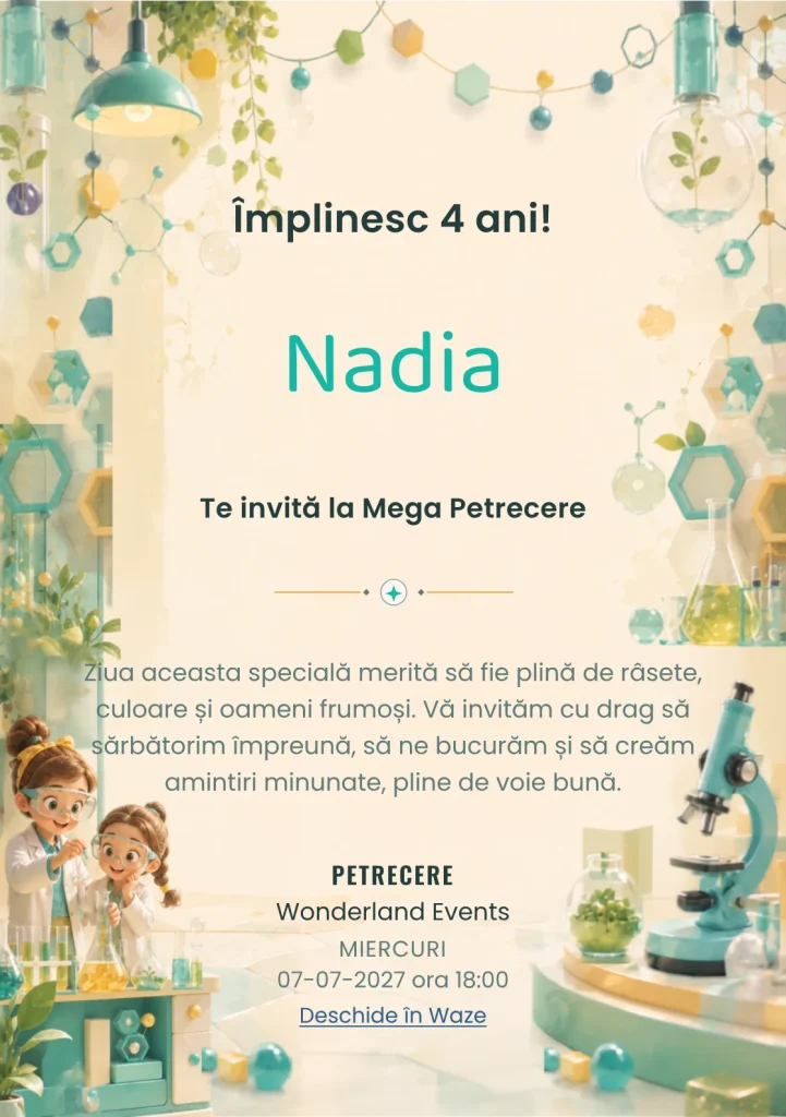 Laboratorul Curioșilor – invitație aniversară pentru copii, cu doi copii cercetători cu ochelari de protecție.