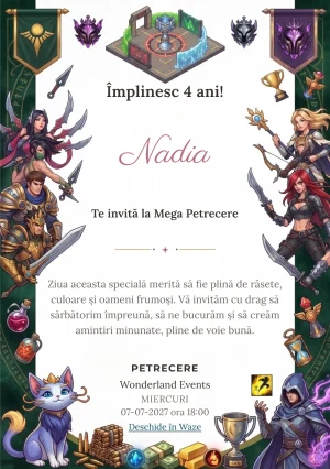 League of Legends – Liga Eroilor Magici, invitație de zi de naștere pentru copii, cu eroi fantastici, creaturi, artefacte și simboluri de luptă magică.