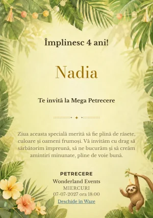 Modelul Leneșul Petrecăreț, invitație de zi de naștere pentru copii, prezintă un leneș prietenos cu un coif simplu de petrecere.