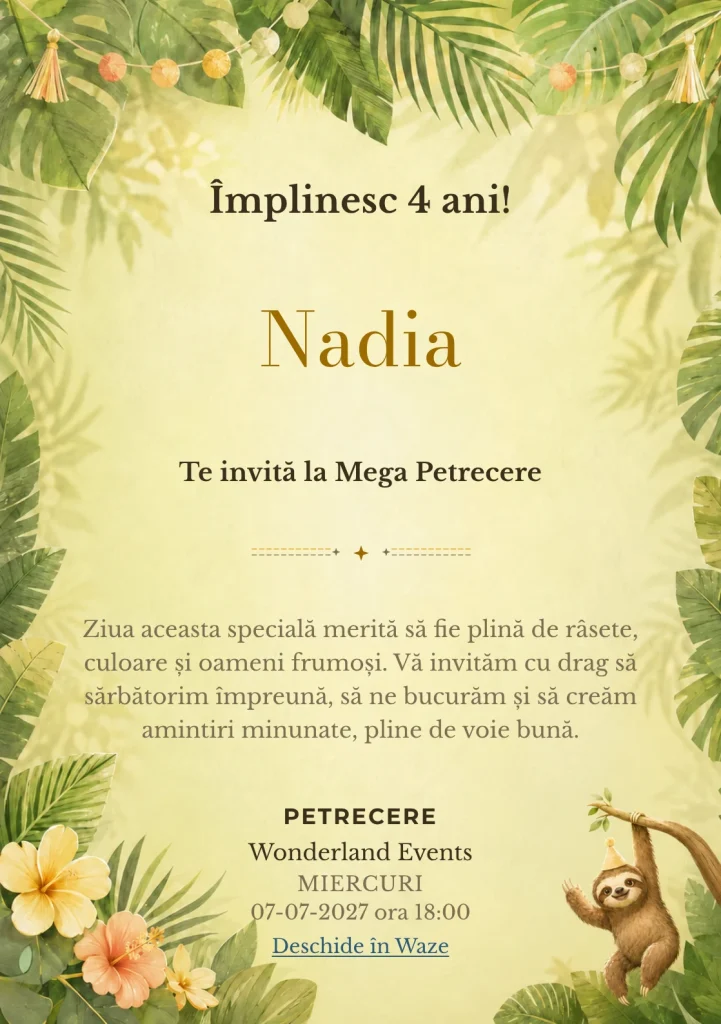 Modelul Leneșul Petrecăreț, invitație de zi de naștere pentru copii, prezintă un leneș prietenos cu un coif simplu de petrecere.