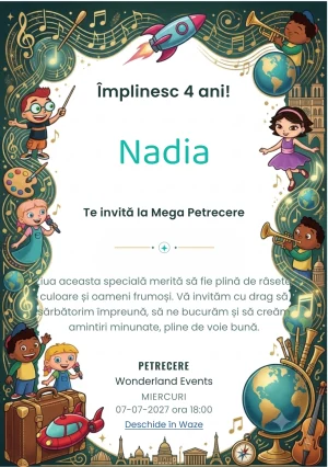 Little Einsteins – Exploratorii Muzicali – invitație aniversară pentru copii, cu copii exploratori, rachetă, instrumente și elemente muzicale.