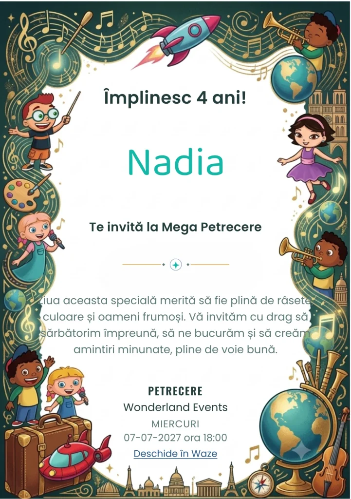 Little Einsteins – Exploratorii Muzicali – invitație aniversară pentru copii, cu copii exploratori, rachetă, instrumente și elemente muzicale.