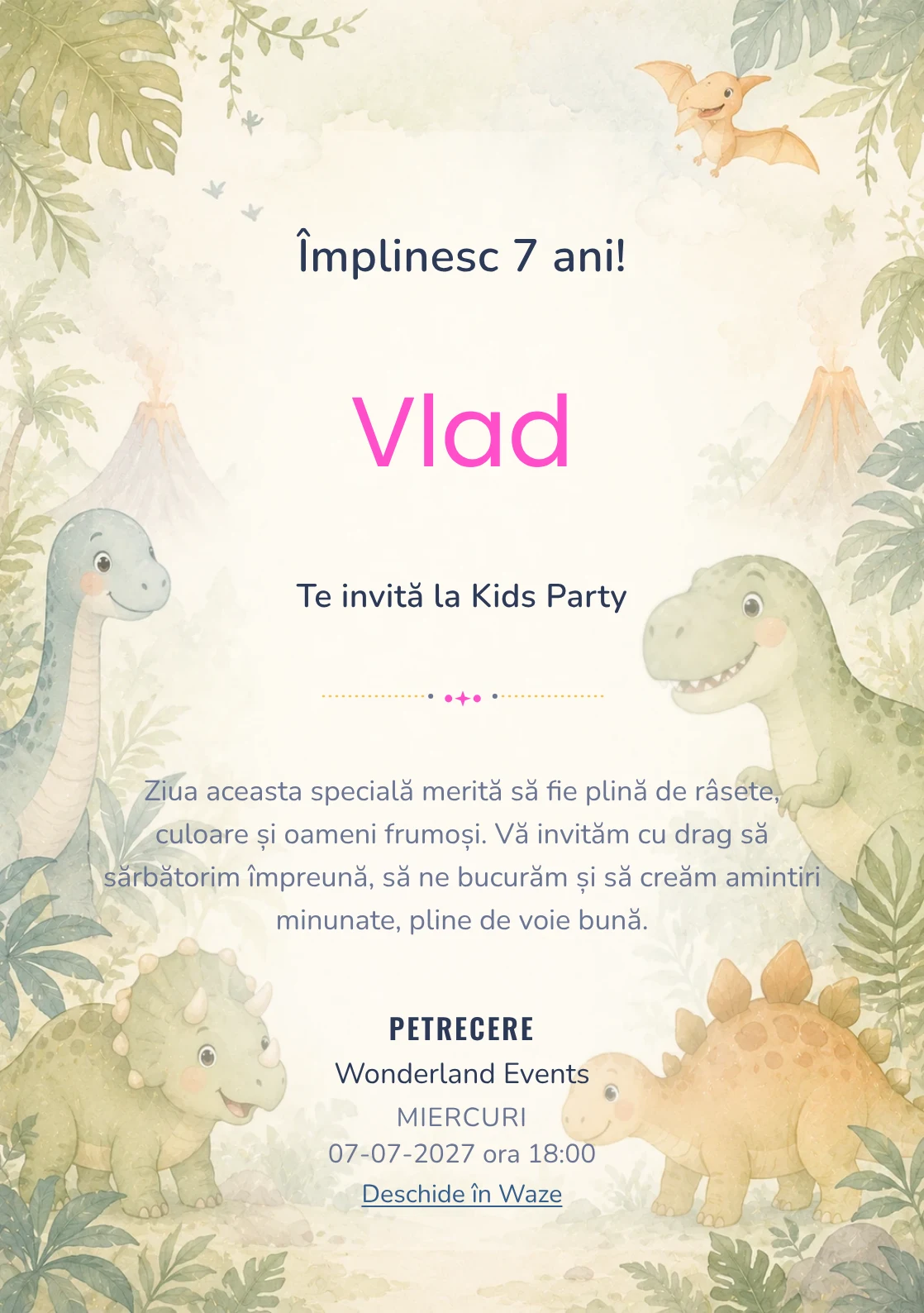 Invitație digitală Lumea Dino pentru ziua de naștere a copiilor, cu o familie de dinozauri, frunze și vulcani delicat.