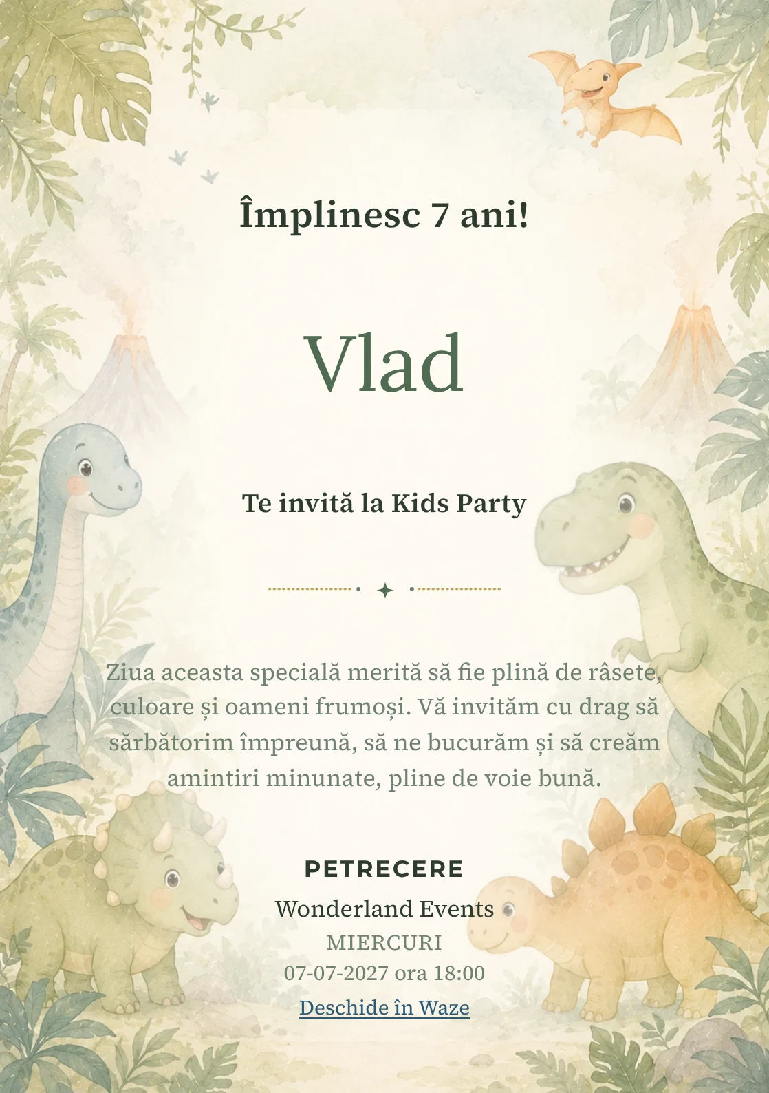 Invitație digitală Lumea Dino pentru ziua de naștere a copiilor, cu o familie de dinozauri, frunze și vulcani delicat.