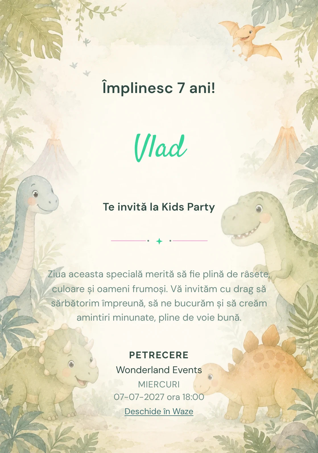 Invitație digitală Lumea Dino pentru ziua de naștere a copiilor, cu o familie de dinozauri, frunze și vulcani delicat.