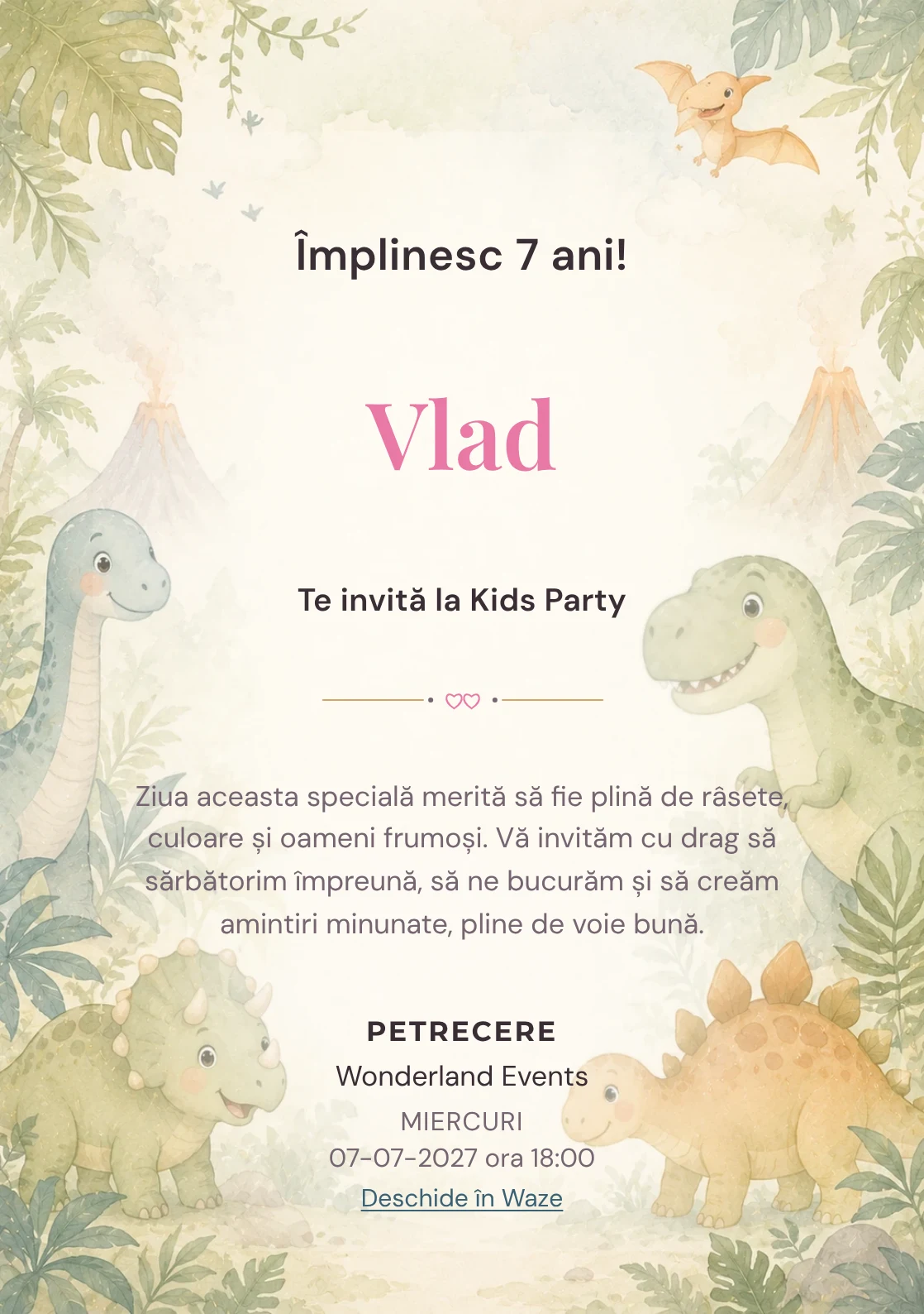 Invitație digitală Lumea Dino pentru ziua de naștere a copiilor, cu o familie de dinozauri, frunze și vulcani delicat.