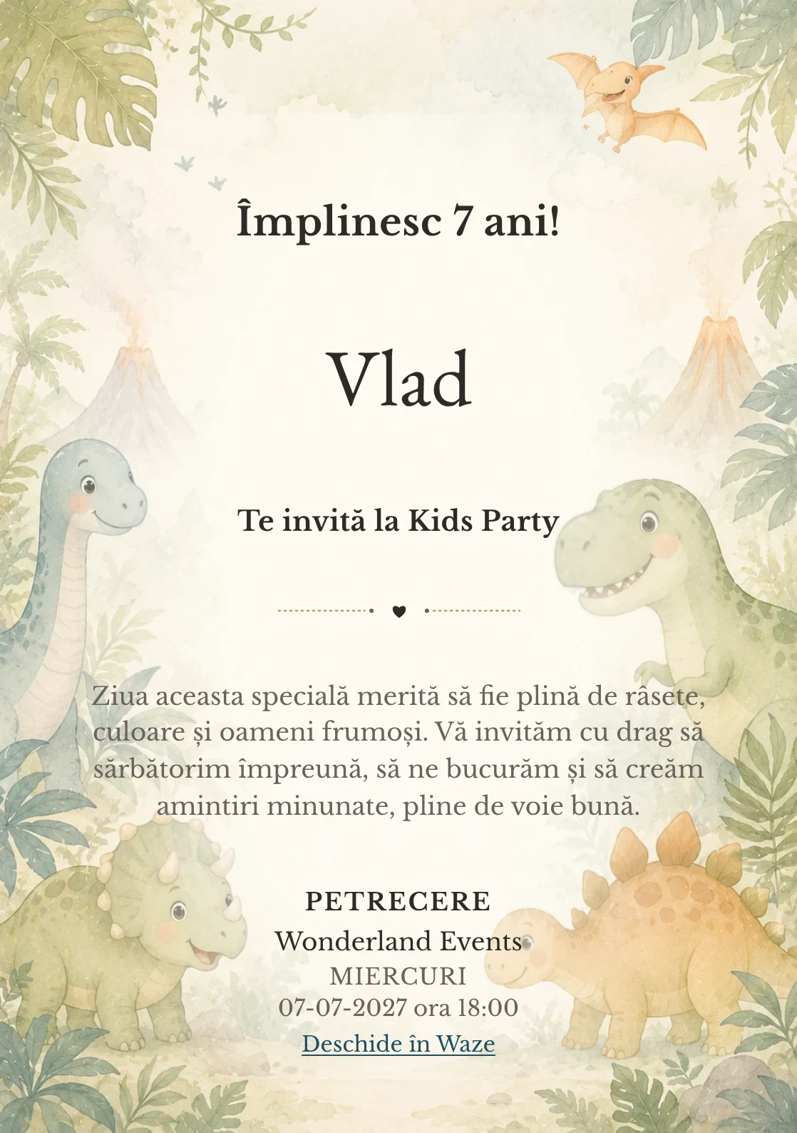 Invitație digitală Lumea Dino pentru ziua de naștere a copiilor, cu o familie de dinozauri, frunze și vulcani delicat.