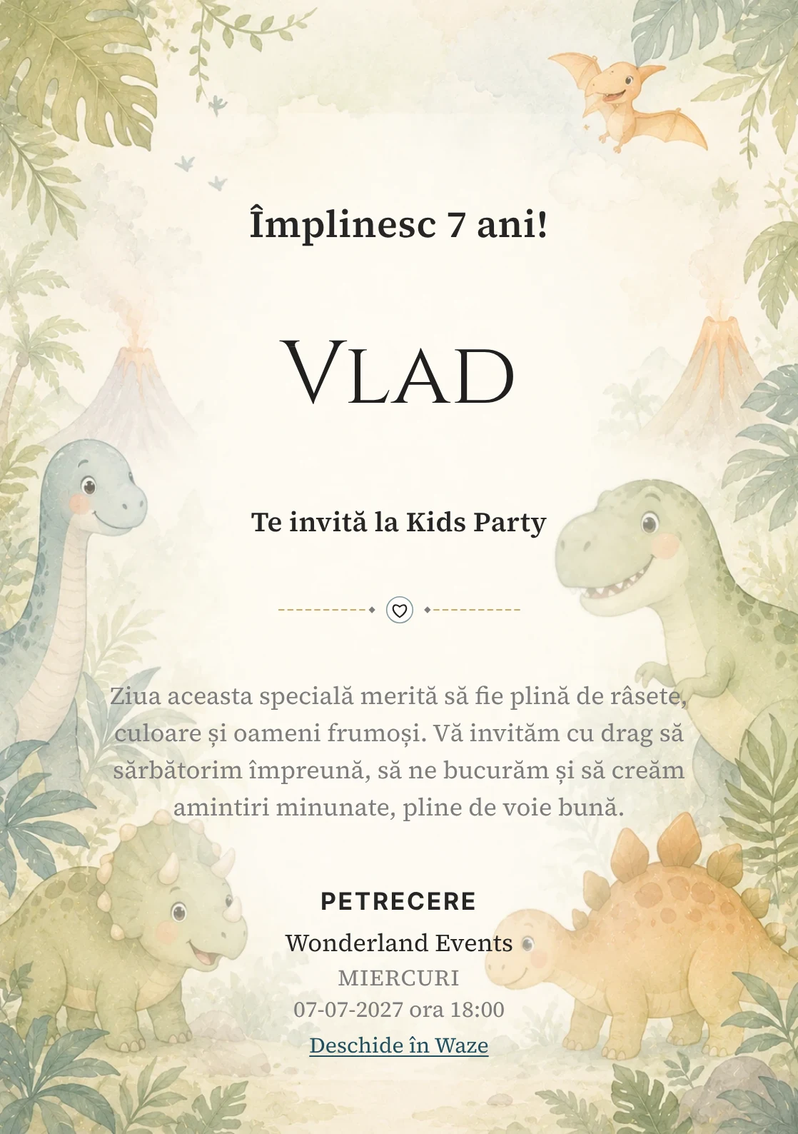 Invitație digitală Lumea Dino pentru ziua de naștere a copiilor, cu o familie de dinozauri, frunze și vulcani delicat.