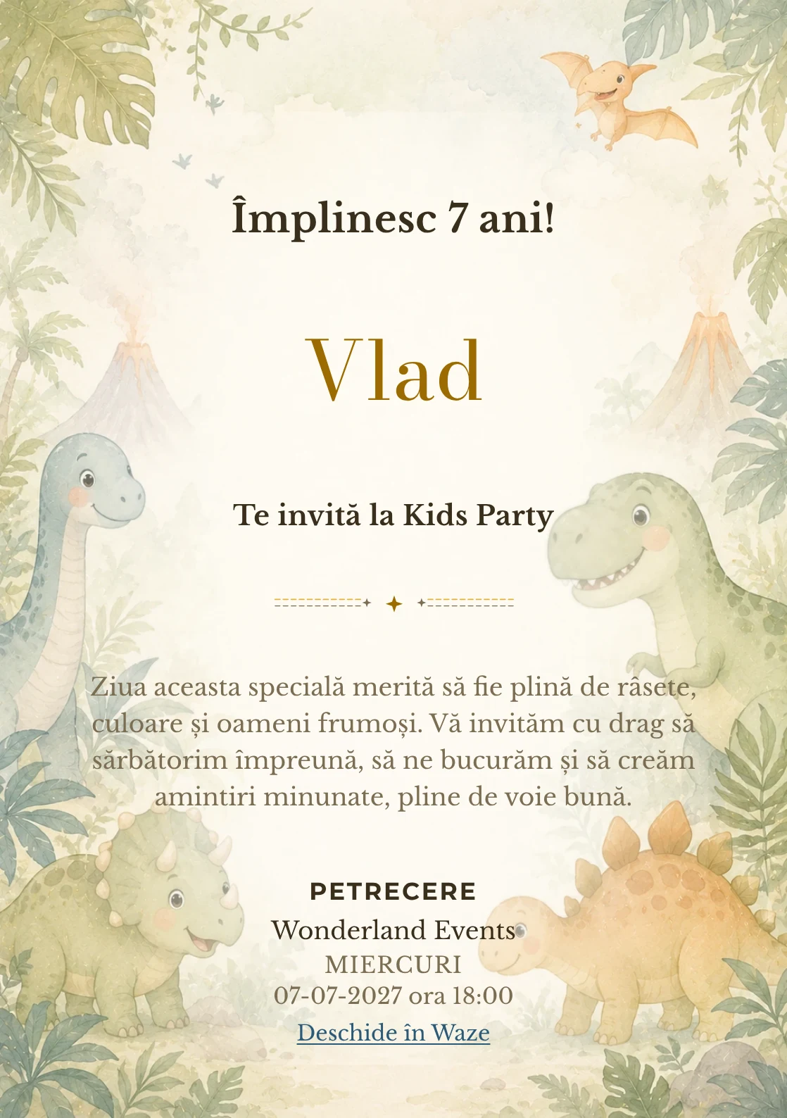 Invitație digitală Lumea Dino pentru ziua de naștere a copiilor, cu o familie de dinozauri, frunze și vulcani delicat.