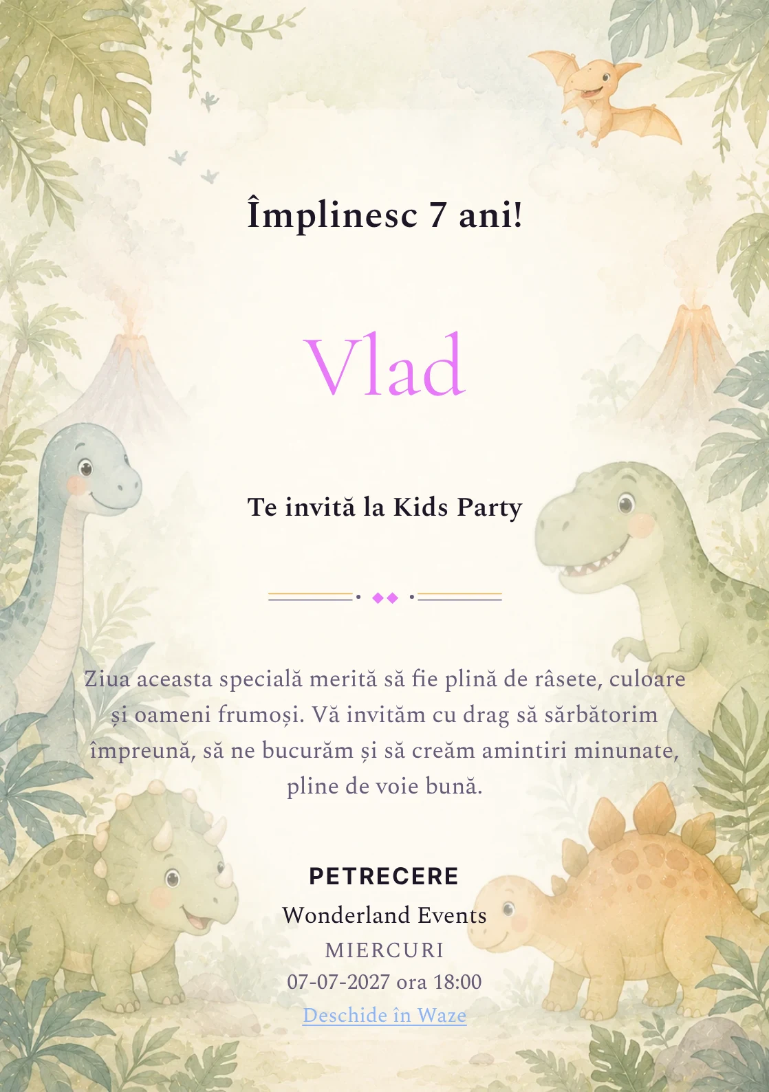 Invitație digitală Lumea Dino pentru ziua de naștere a copiilor, cu o familie de dinozauri, frunze și vulcani delicat.