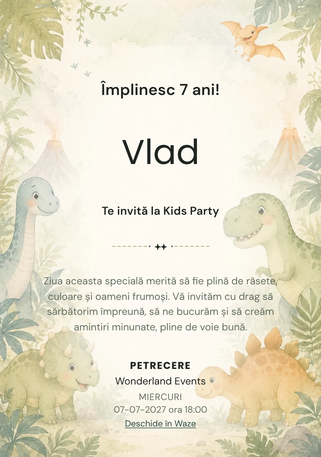 Invitație digitală Lumea Dino pentru ziua de naștere a copiilor, cu o familie de dinozauri, frunze și vulcani delicat.